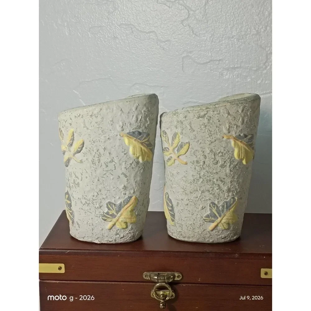 Handcrafted White Ceramic Vases with Yellow Leaves, Handpainted Clay Pottery